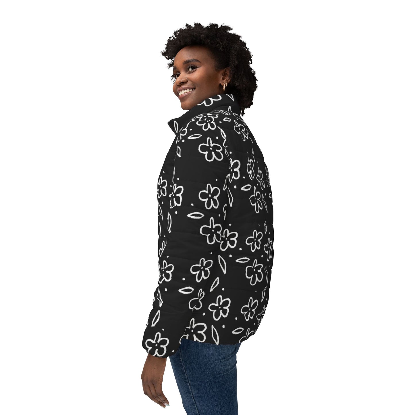 Floral Doodle Puffer Jacket — Women's Black All-Over Print