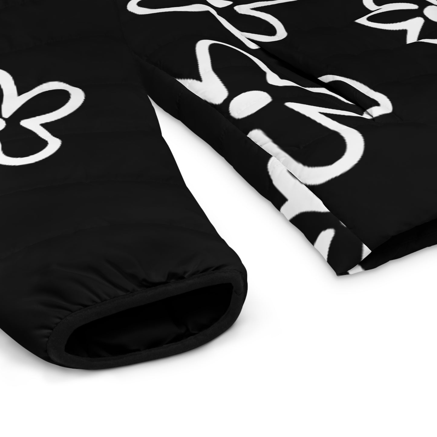 Doodle Floral Puffer Jacket — Black & White Retro Flower Coat