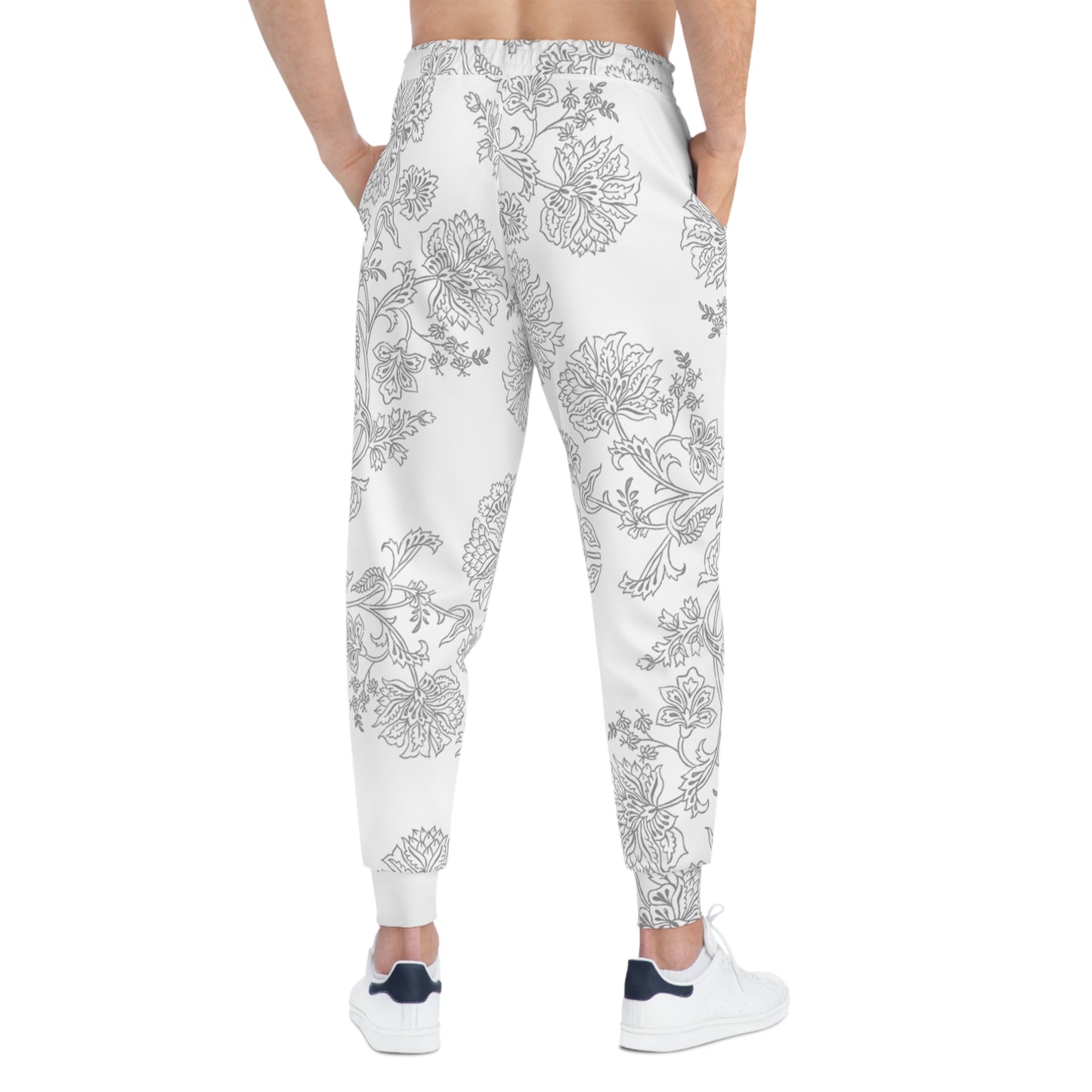 Floral Lace Pattern Joggers — White & Grey All-Over Print Athletic Sweatpants