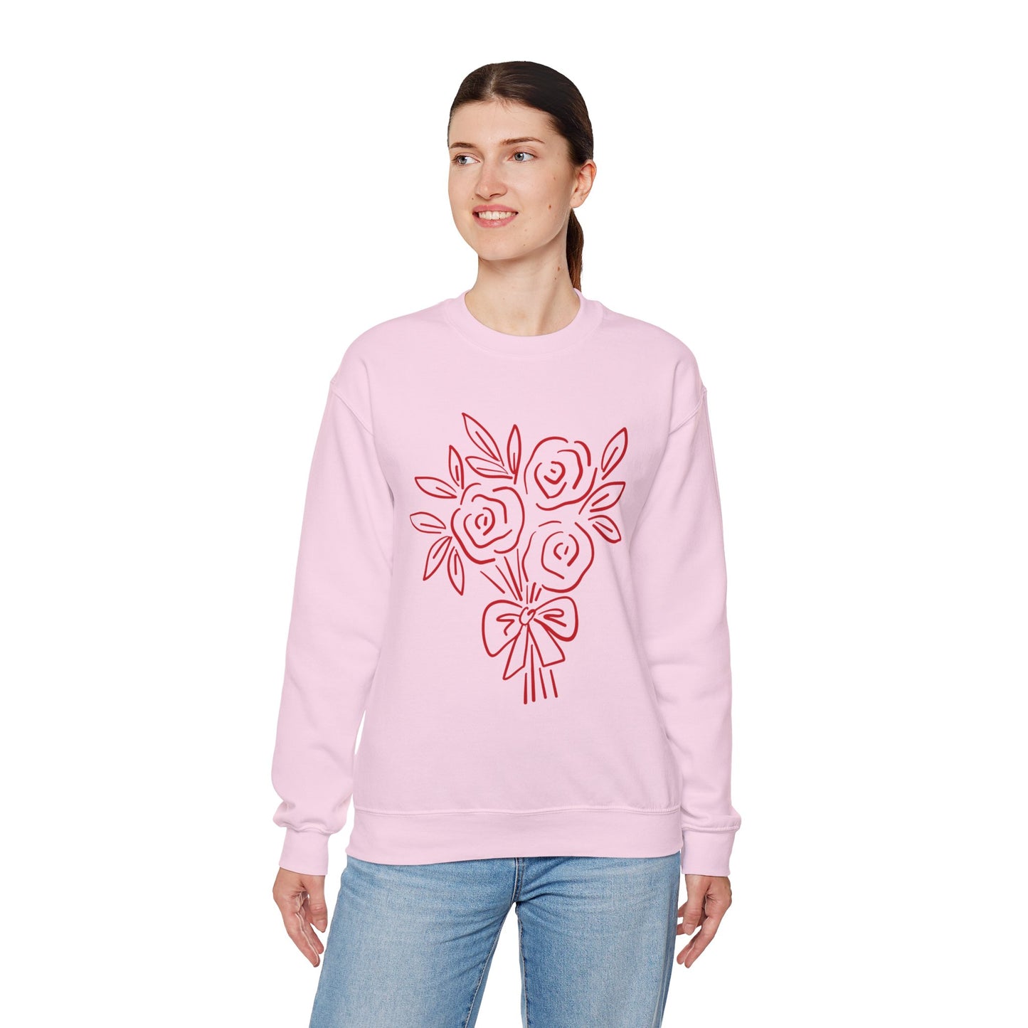 Crewneck Sweatshirt • Pink Line Art Rose Bouquet Pullover