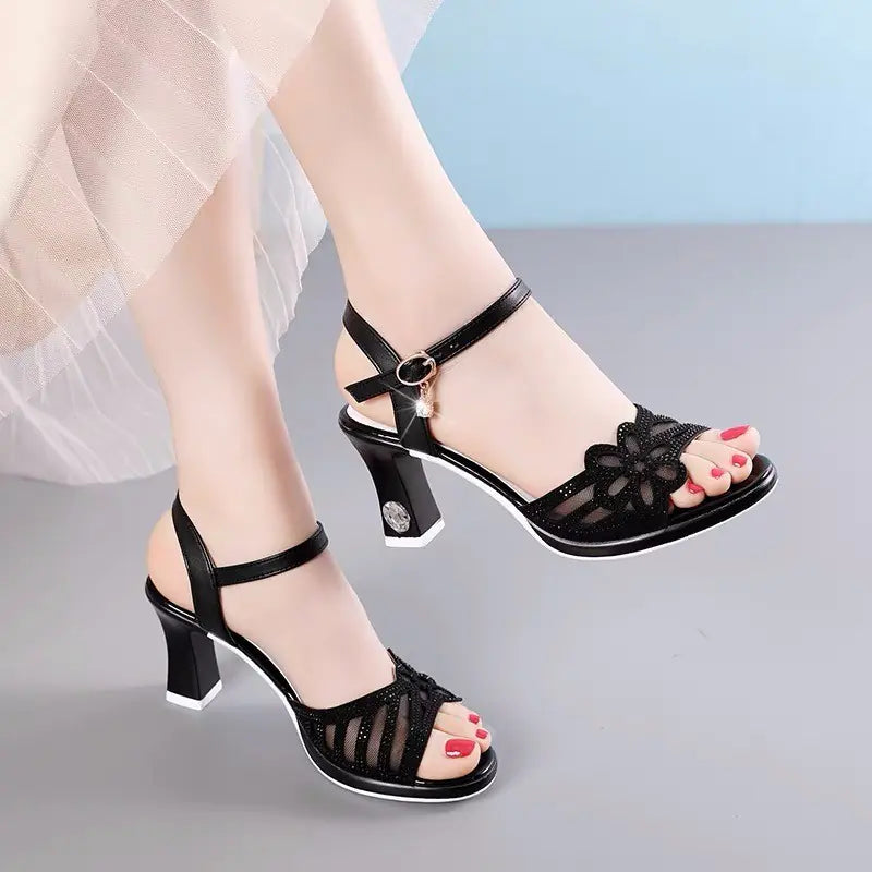 Chunky Heel Buckle High Heel Fish Mouth Sandals
