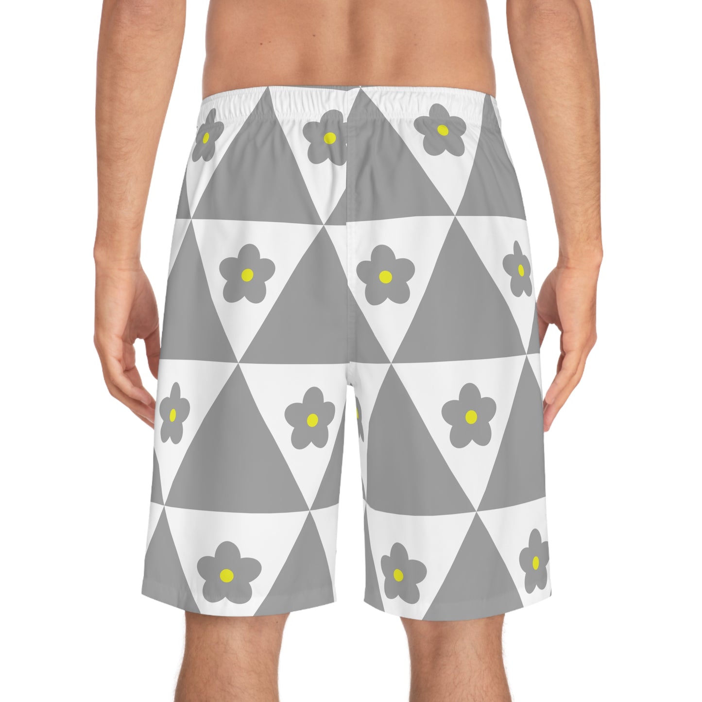 Floral Geo Board Shorts — Grey Triangle & Daisy Swim Trunks