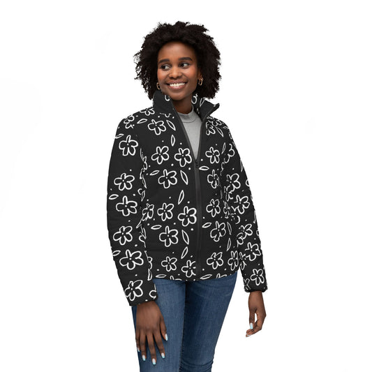 Floral Doodle Puffer Jacket — Women's Black All-Over Print