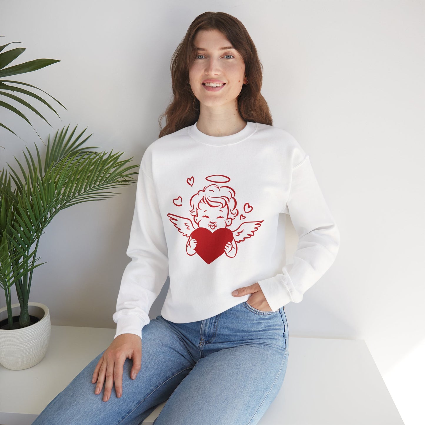 Cupid Cherub Heart Crewneck Sweatshirt — Cute Angel Holding Red Heart Valentine Pullover