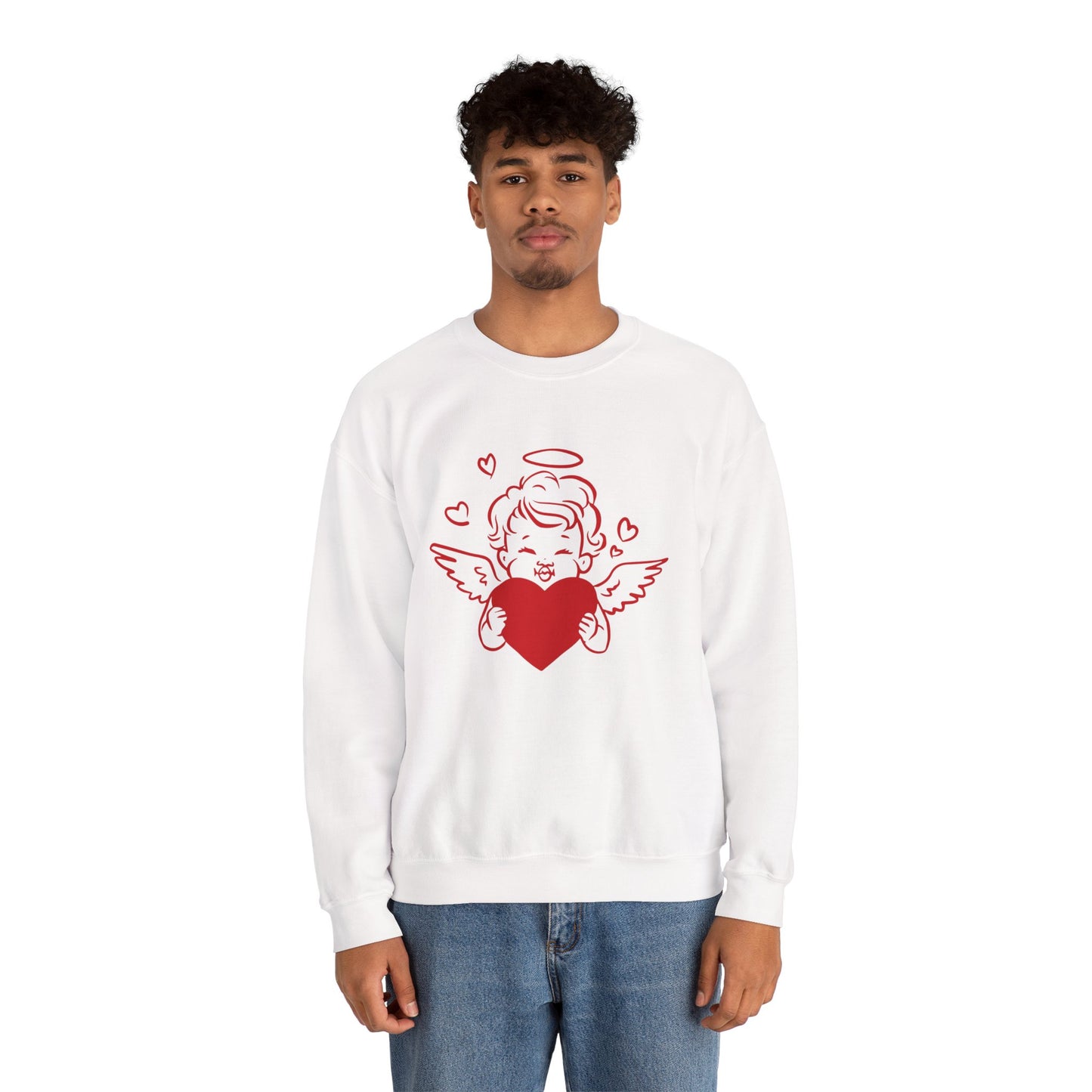 Cupid Cherub Heart Crewneck Sweatshirt — Cute Angel Holding Red Heart Valentine Pullover