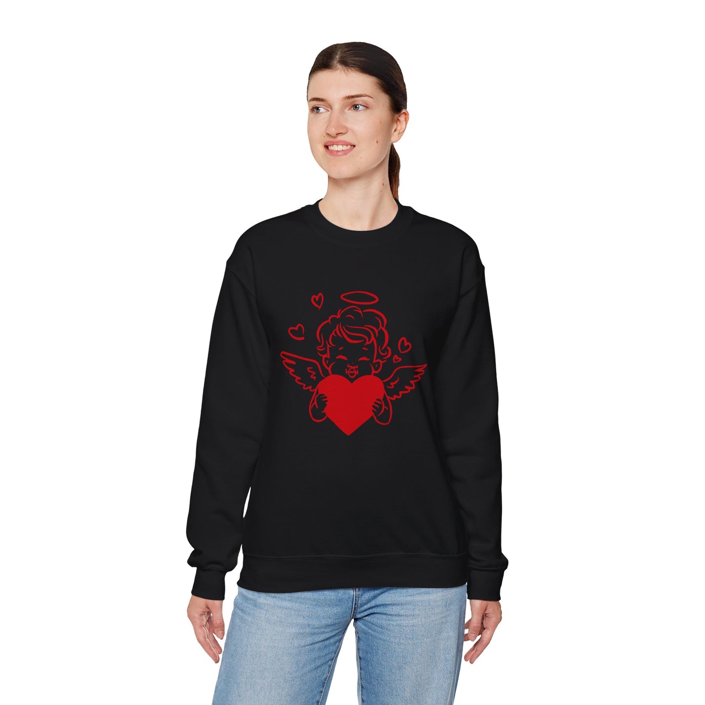 Cupid Cherub Heart Crewneck Sweatshirt — Cute Angel Holding Red Heart Valentine Pullover