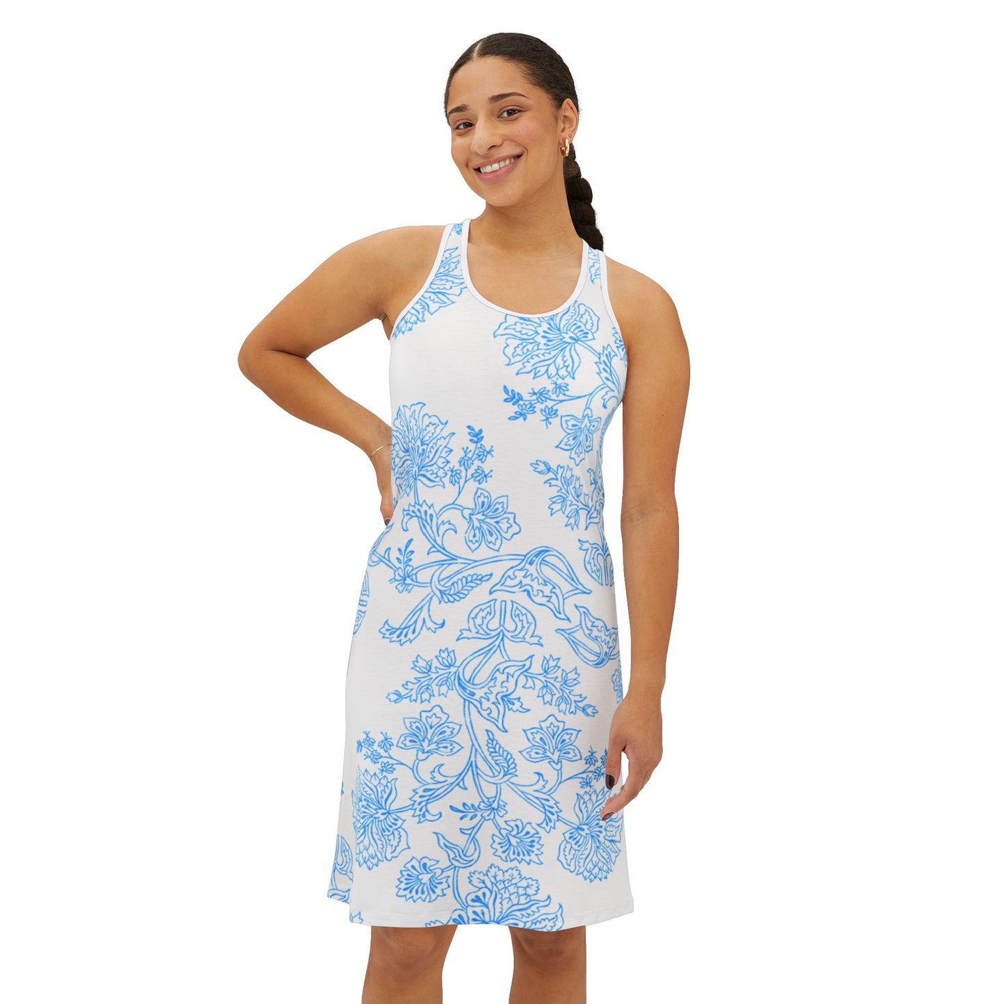 Blue Toile Floral Racerback Dress — Women’s Sleeveless Summer Sundress