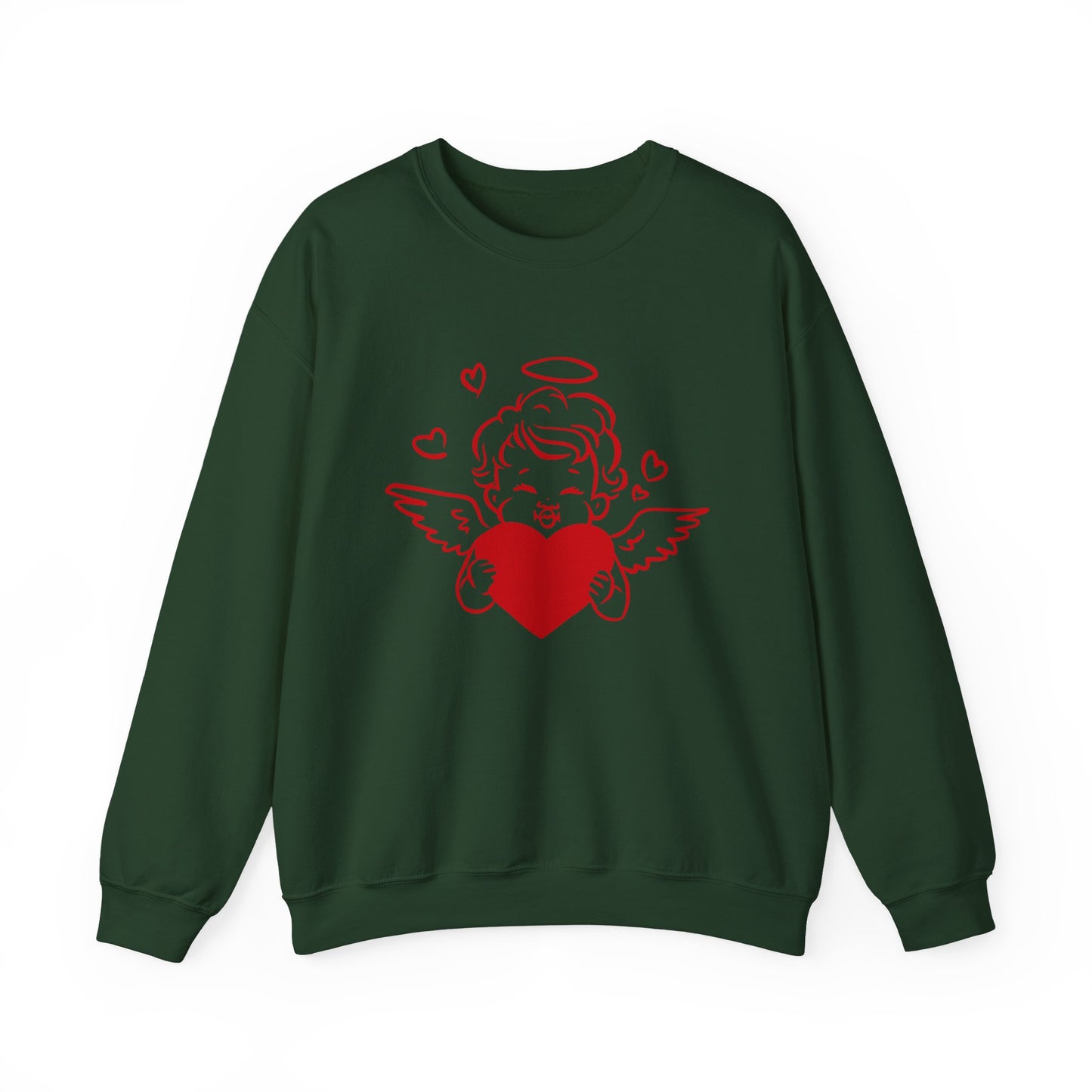 Cupid Cherub Heart Crewneck Sweatshirt — Cute Angel Holding Red Heart Valentine Pullover
