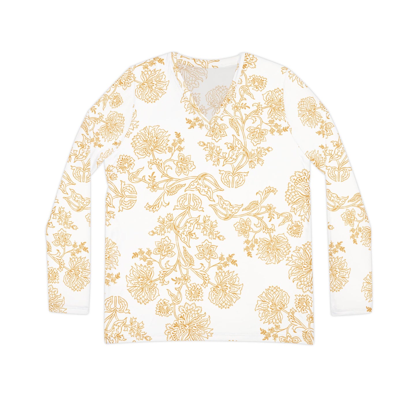 Floral V-Neck Long Sleeve Shirt — Golden Botanical All-Over Print