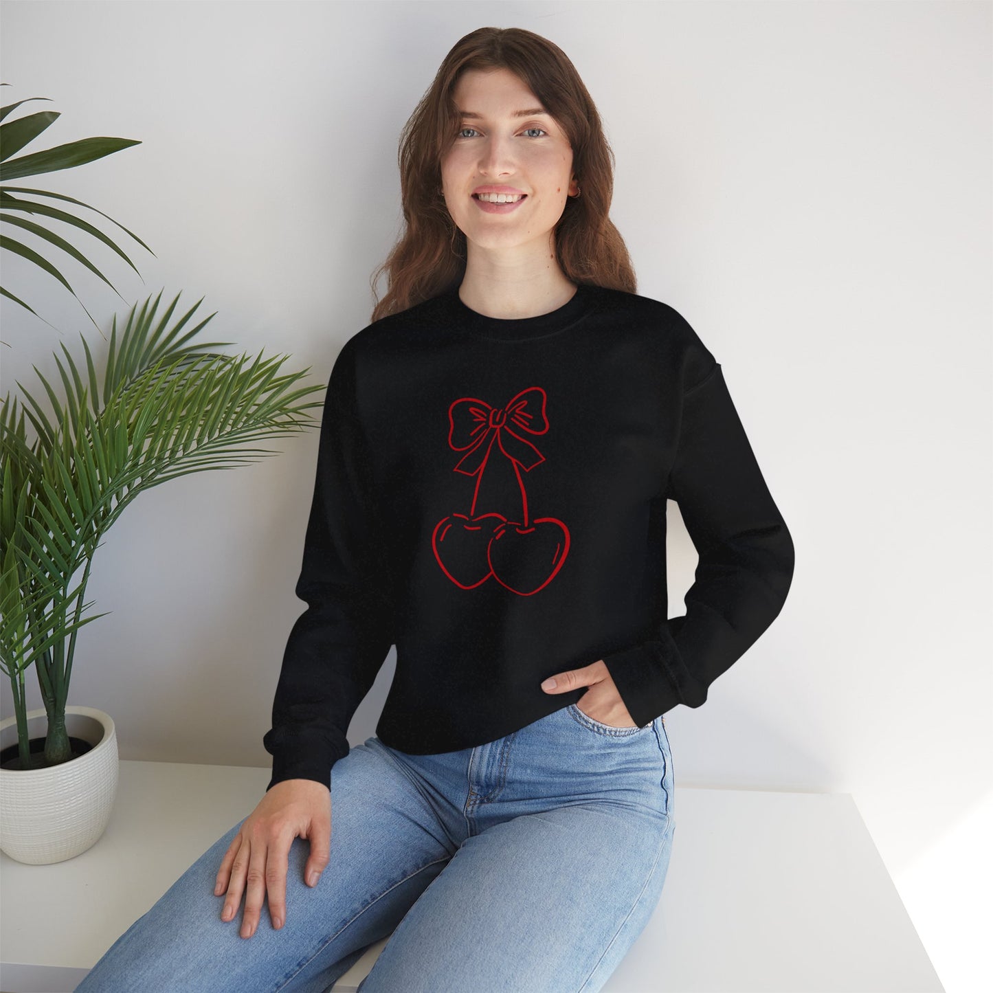 Cherry Bow Sweatshirt — Cute Minimalist Pink Cherry Crewneck