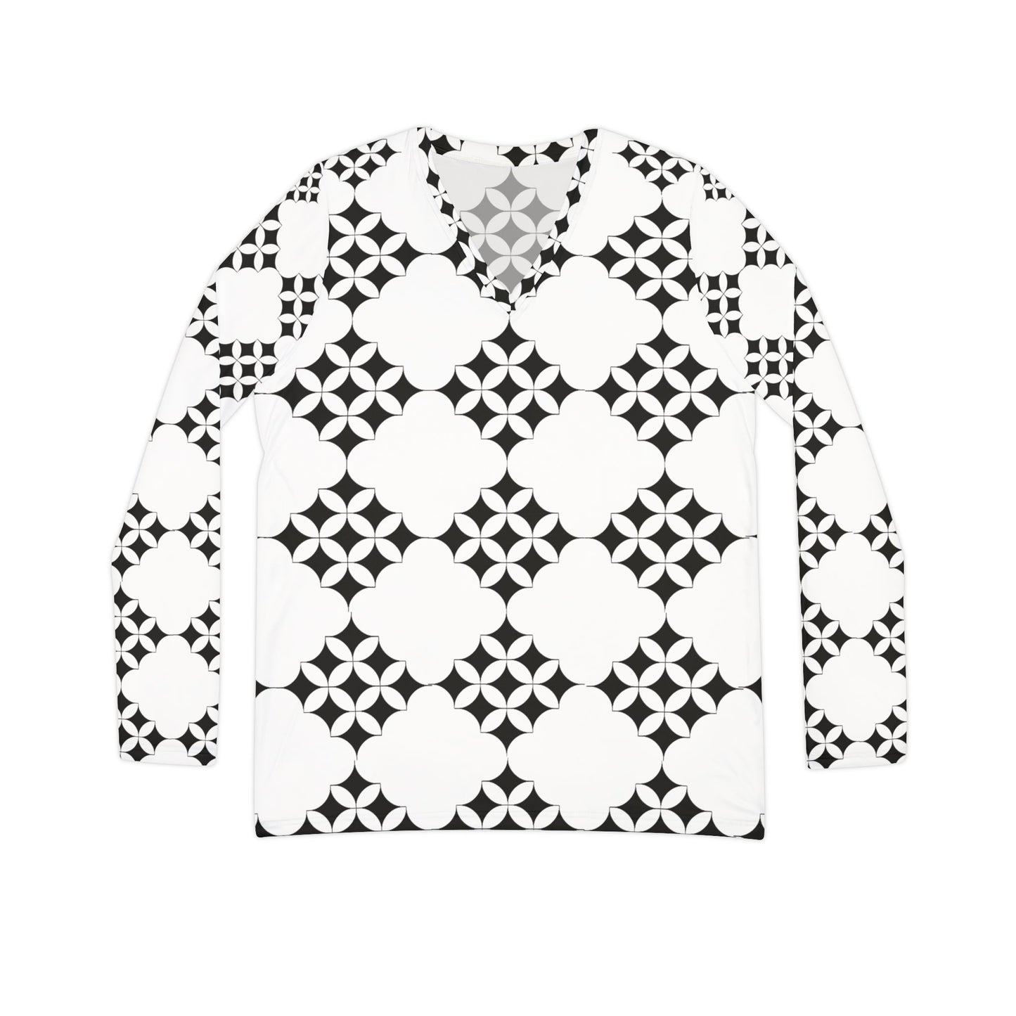 Women's V-Neck Long Sleeve Top — Black & White Geometric Tile Pattern