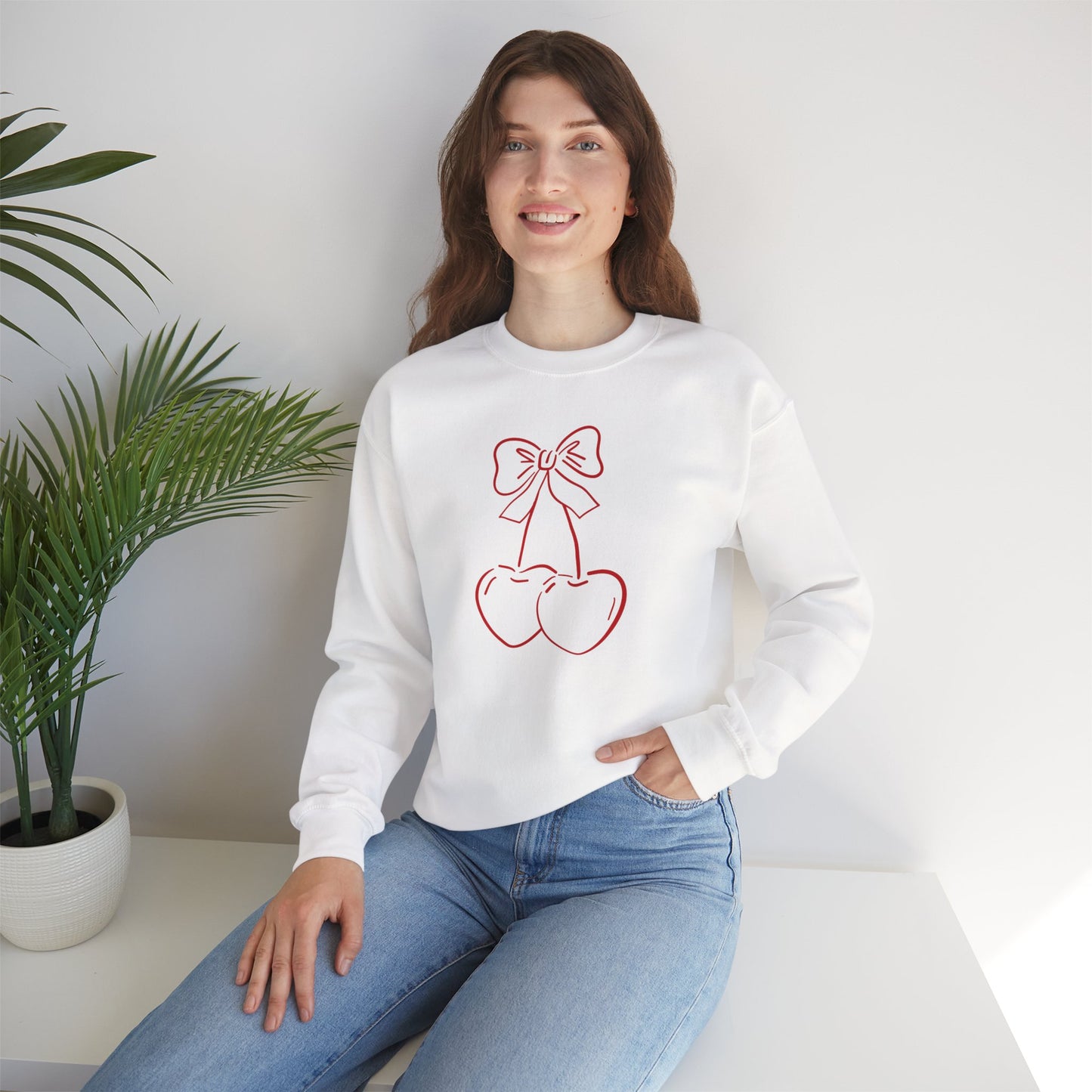 Cherry Bow Sweatshirt — Cute Minimalist Pink Cherry Crewneck