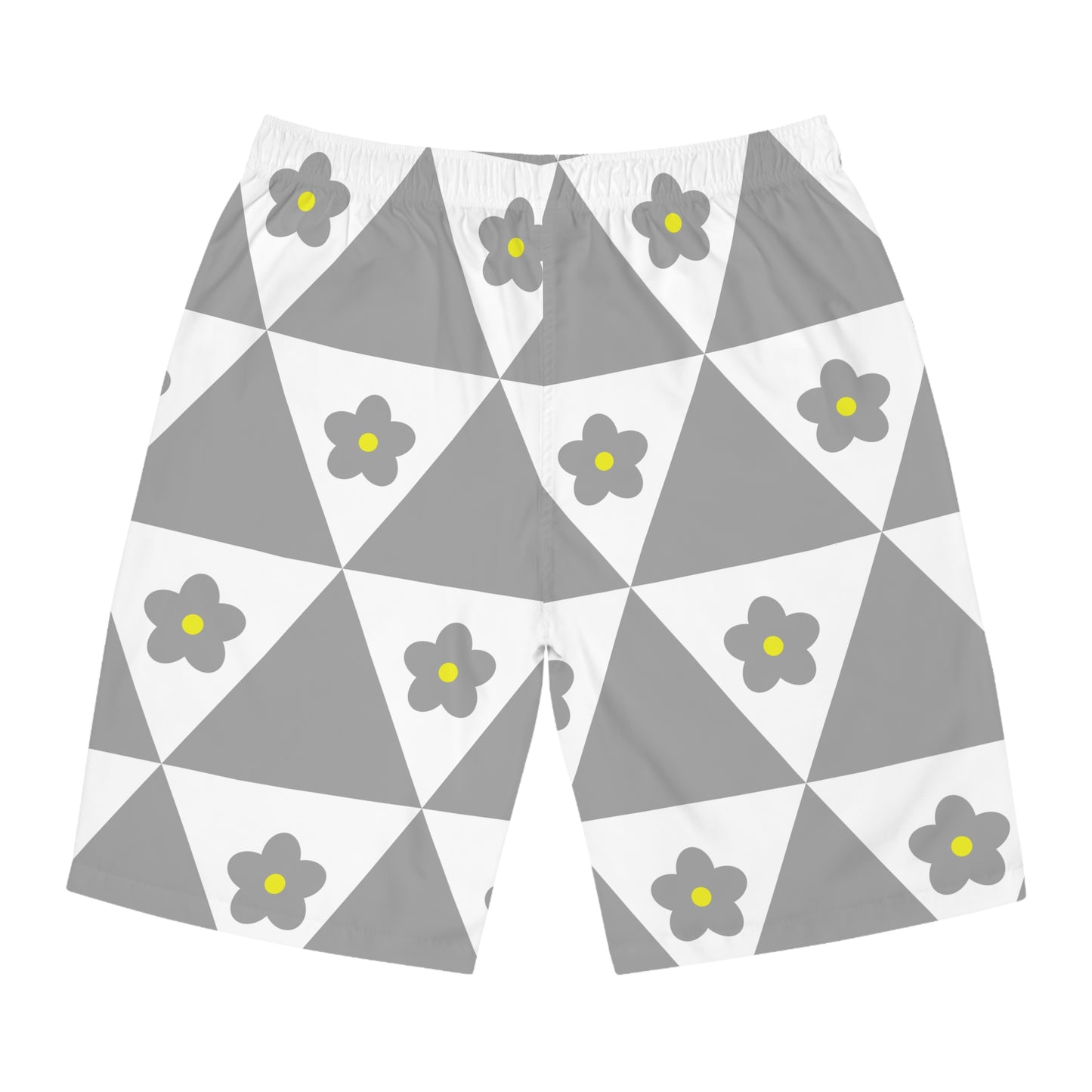 Floral Geo Board Shorts — Grey Triangle & Daisy Swim Trunks
