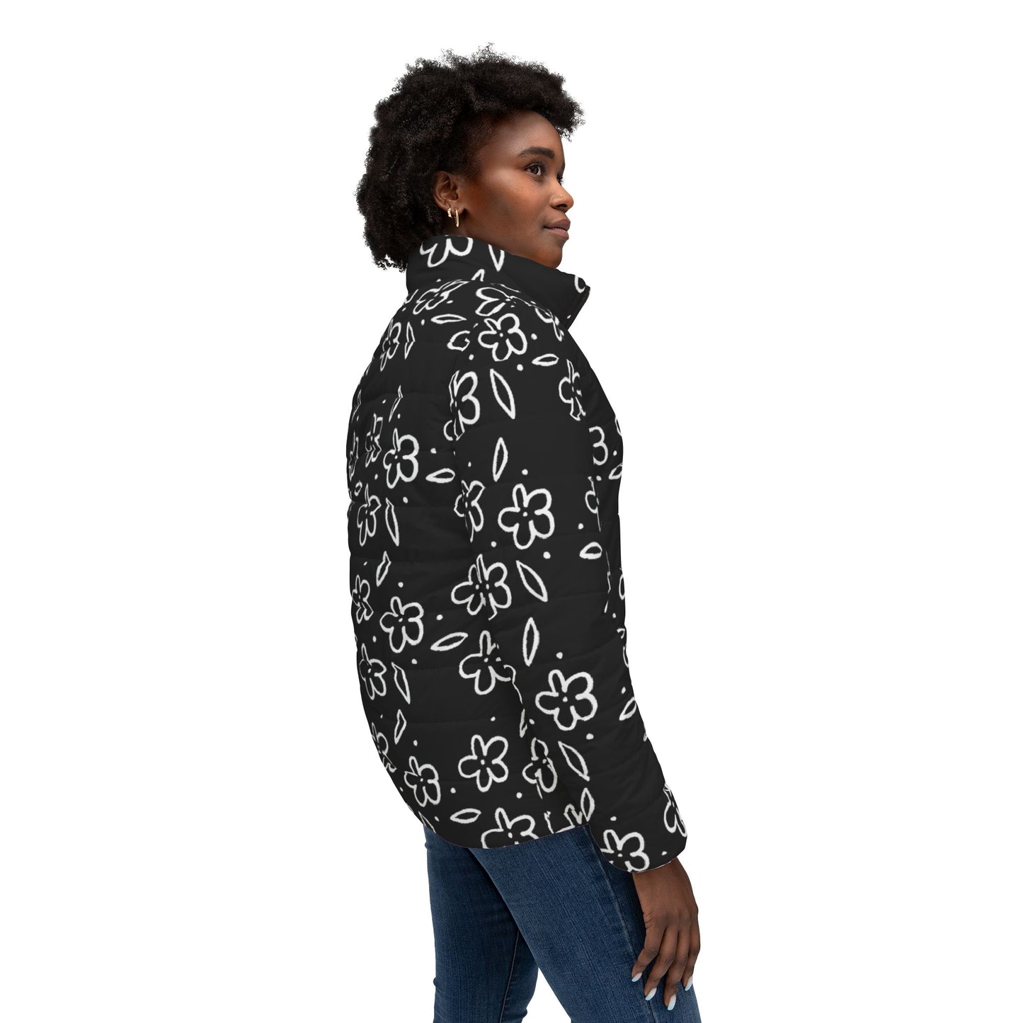 Floral Doodle Puffer Jacket — Women's Black All-Over Print