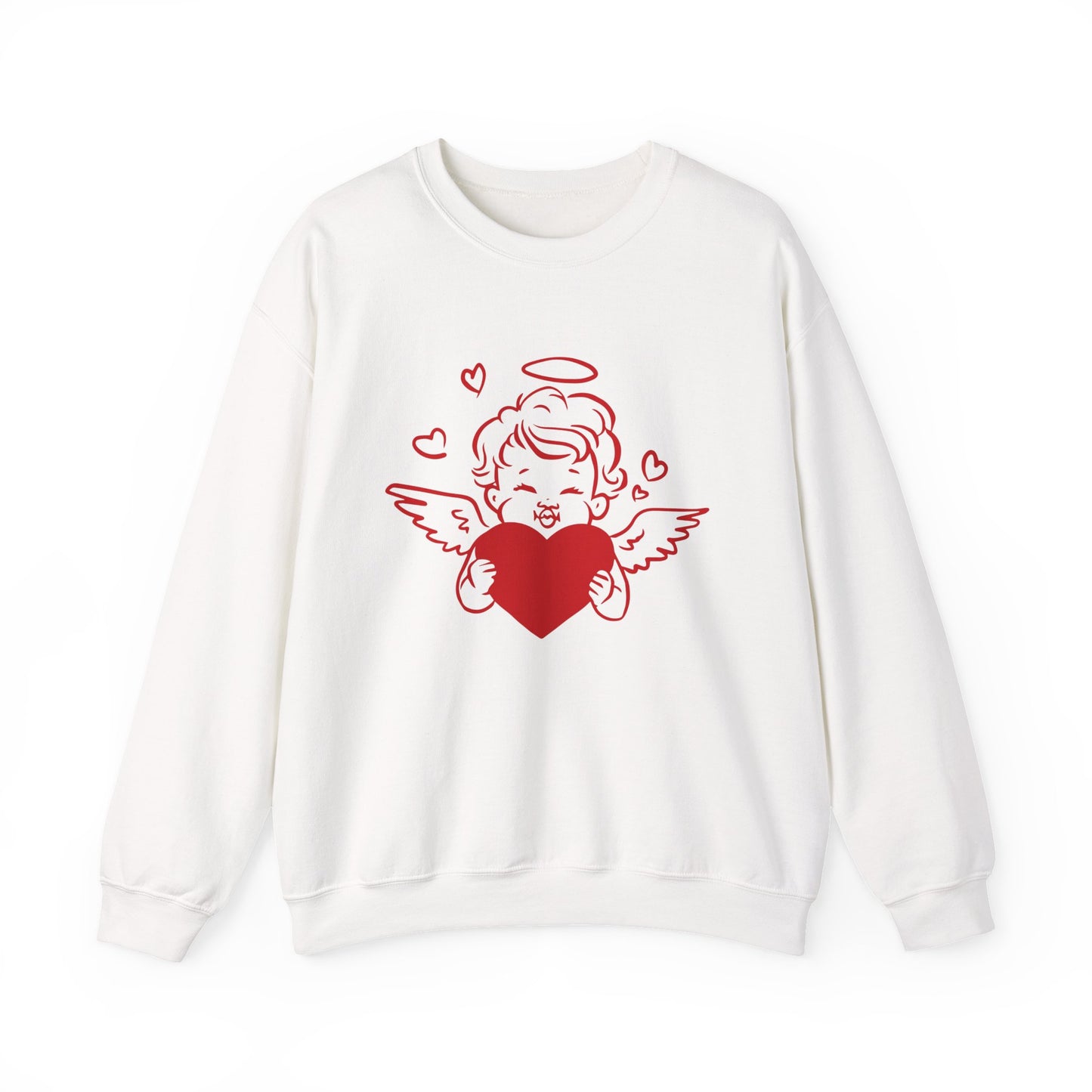 Cupid Cherub Heart Crewneck Sweatshirt — Cute Angel Holding Red Heart Valentine Pullover