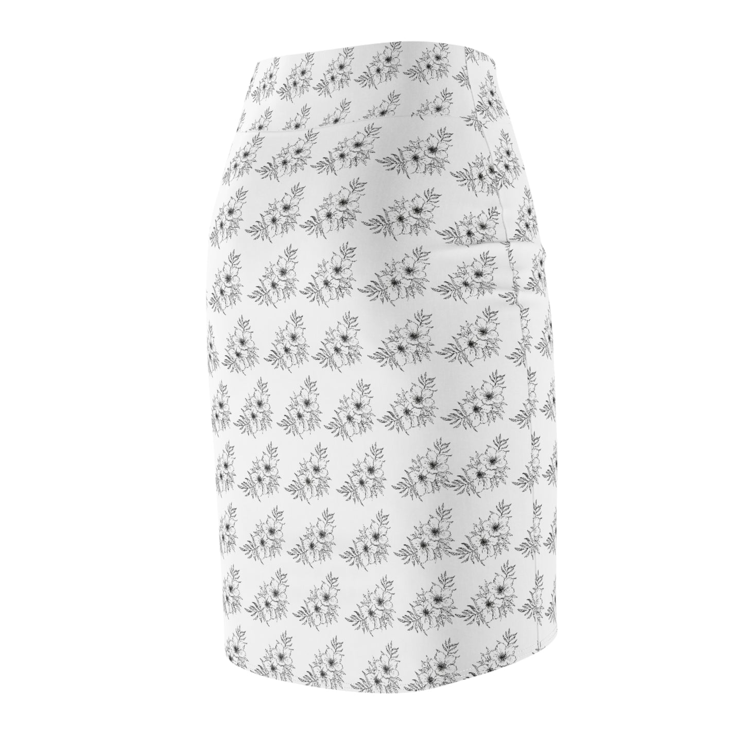 Floral Watercolor Pencil Skirt | Minimalist Gray Botanical Mid-Waist Skirt