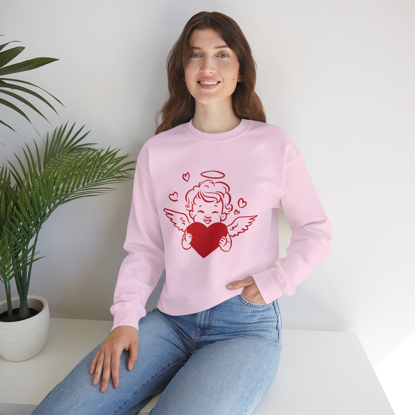 Cupid Cherub Heart Crewneck Sweatshirt — Cute Angel Holding Red Heart Valentine Pullover