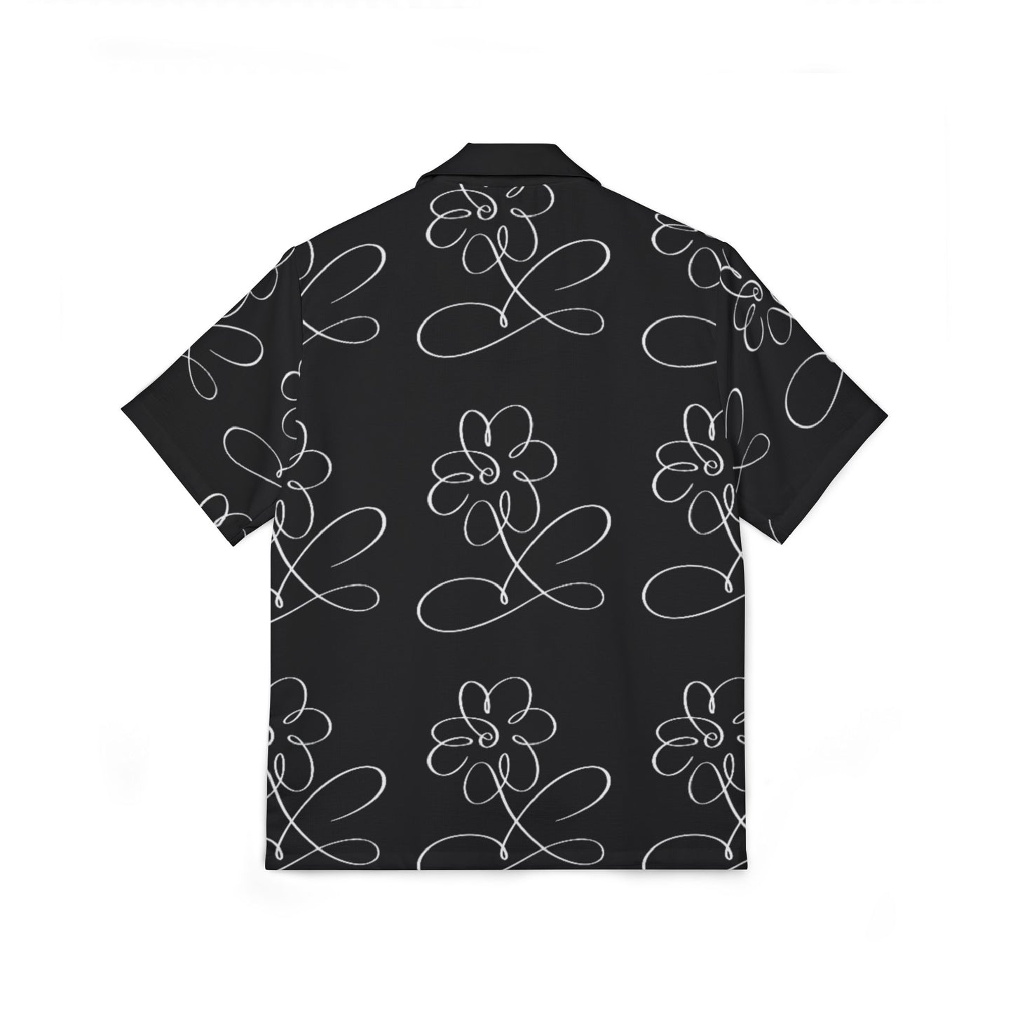 Men's Black Doodle Floral Hawaiian Shirt — Casual Camp Button-Up