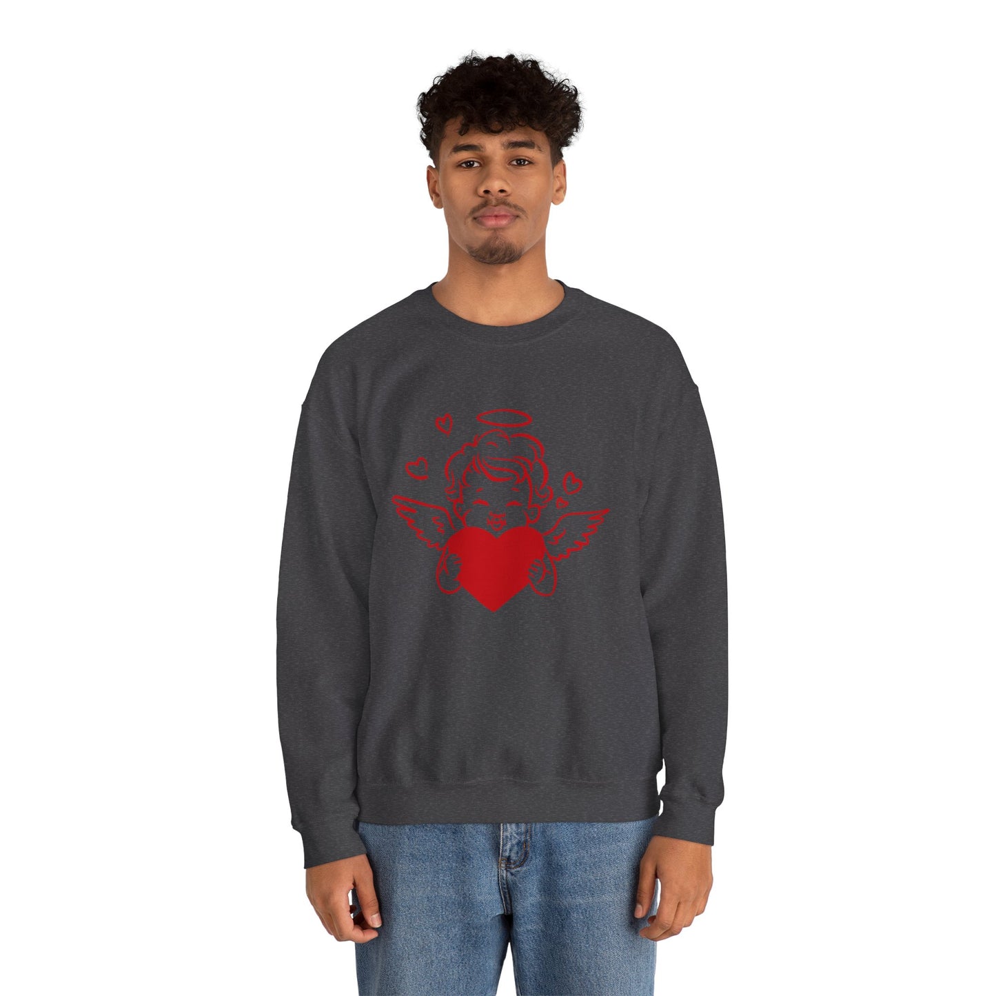 Cupid Cherub Heart Crewneck Sweatshirt — Cute Angel Holding Red Heart Valentine Pullover