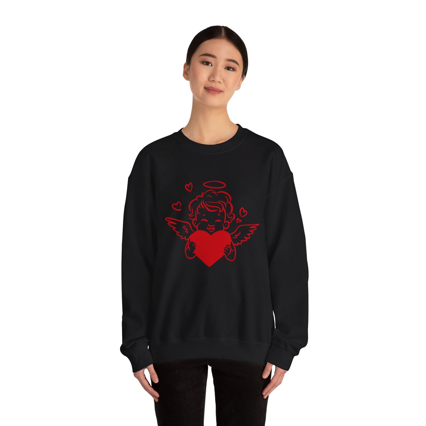 Cupid Cherub Heart Crewneck Sweatshirt — Cute Angel Holding Red Heart Valentine Pullover
