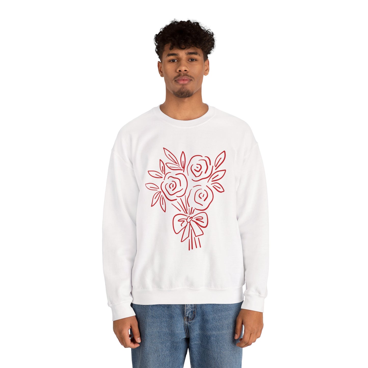 Crewneck Sweatshirt • Pink Line Art Rose Bouquet Pullover