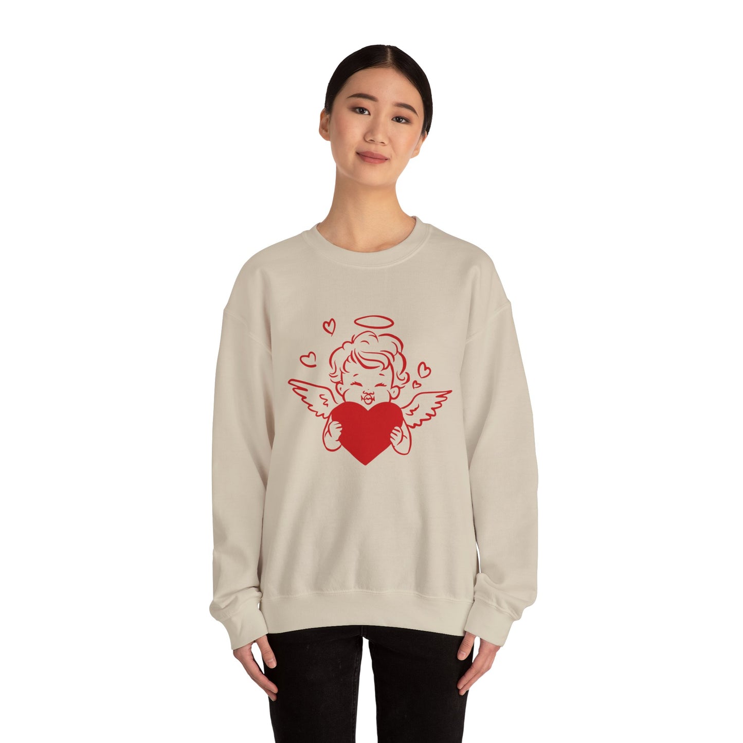Cupid Cherub Heart Crewneck Sweatshirt — Cute Angel Holding Red Heart Valentine Pullover