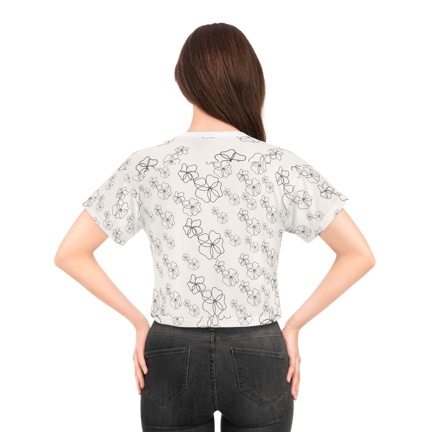 Floral Line Art Crop Tee — Minimal Monochrome Botanical Print