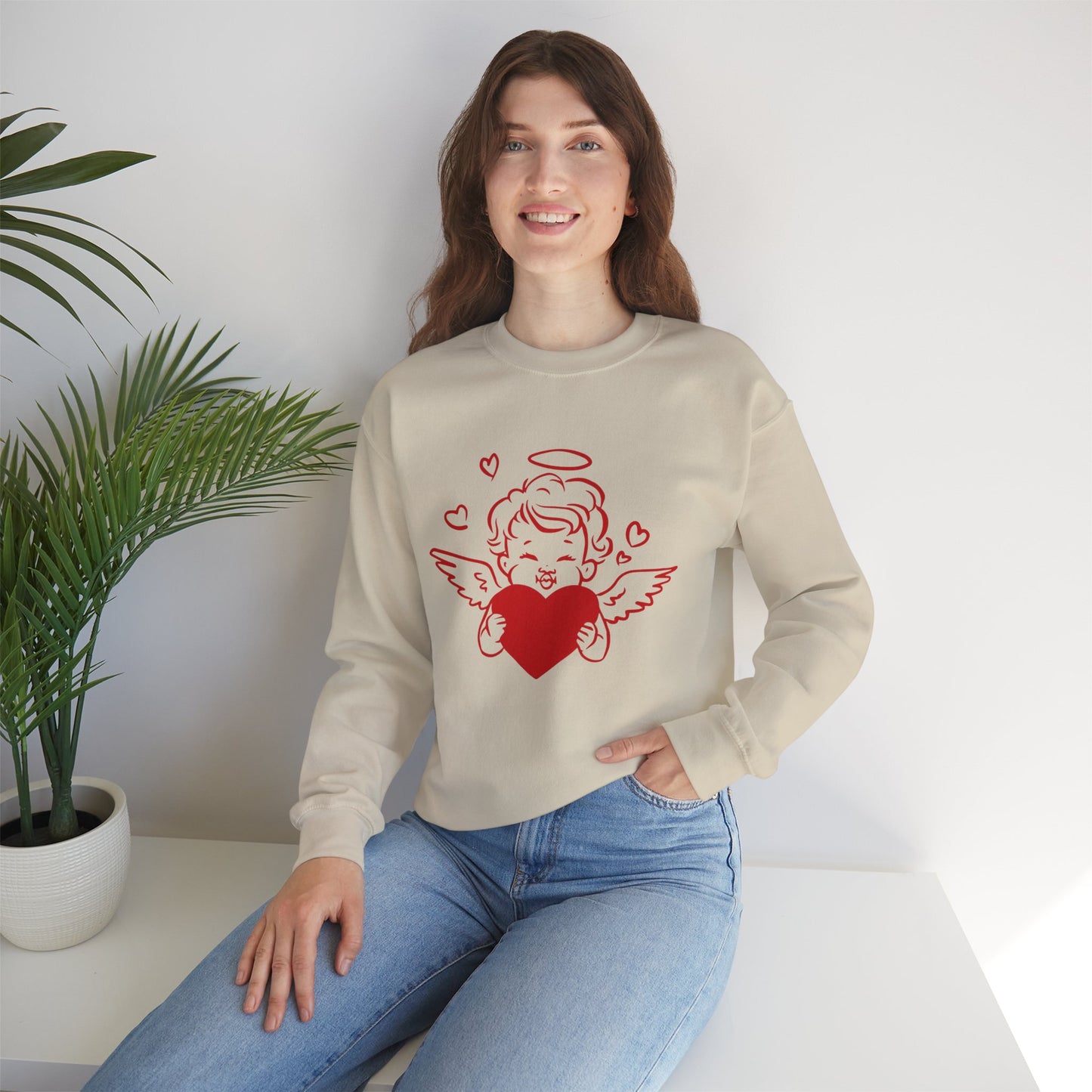 Cupid Cherub Heart Crewneck Sweatshirt — Cute Angel Holding Red Heart Valentine Pullover