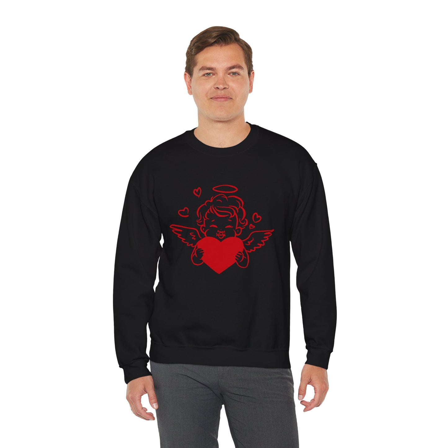 Cupid Cherub Heart Crewneck Sweatshirt — Cute Angel Holding Red Heart Valentine Pullover