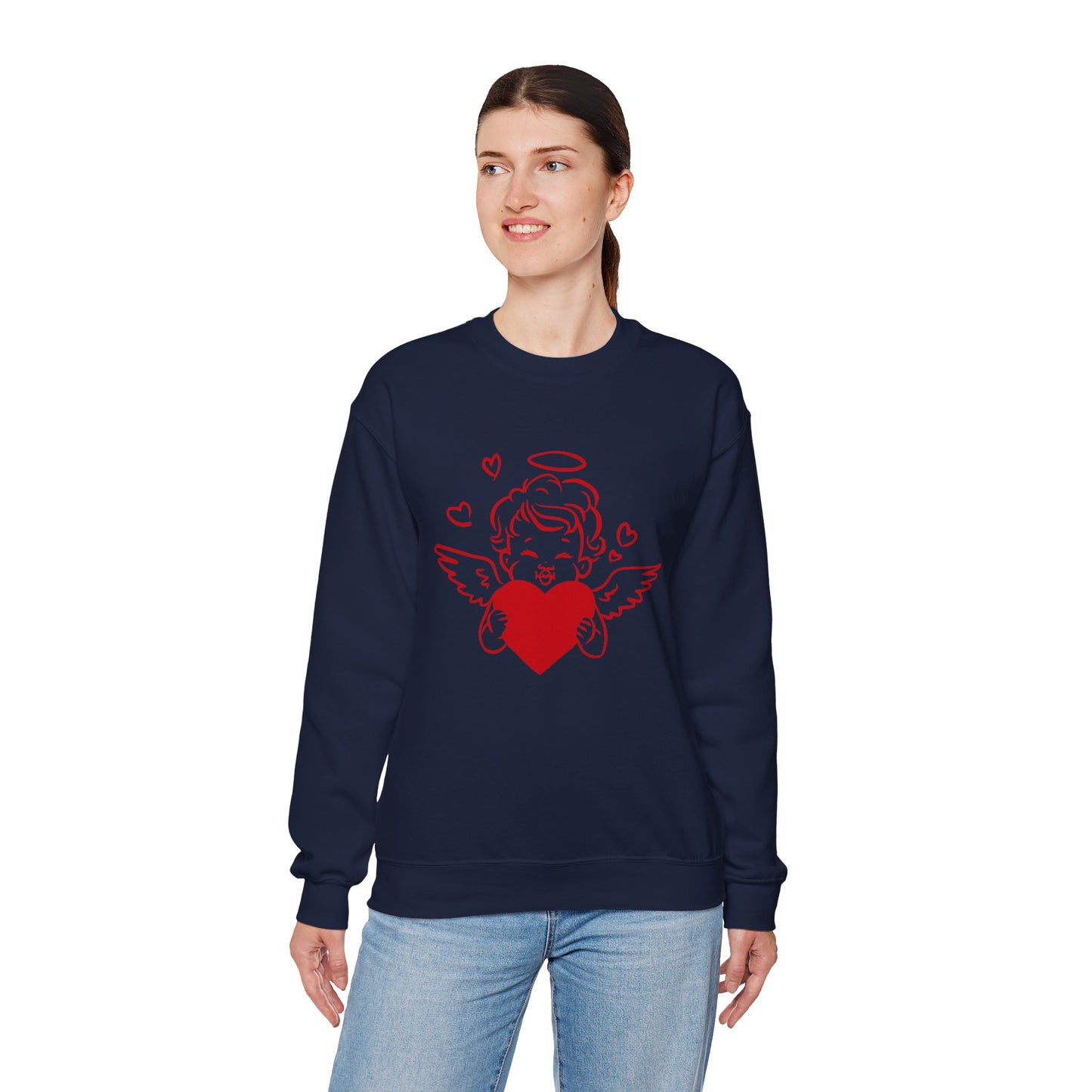 Cupid Cherub Heart Crewneck Sweatshirt — Cute Angel Holding Red Heart Valentine Pullover