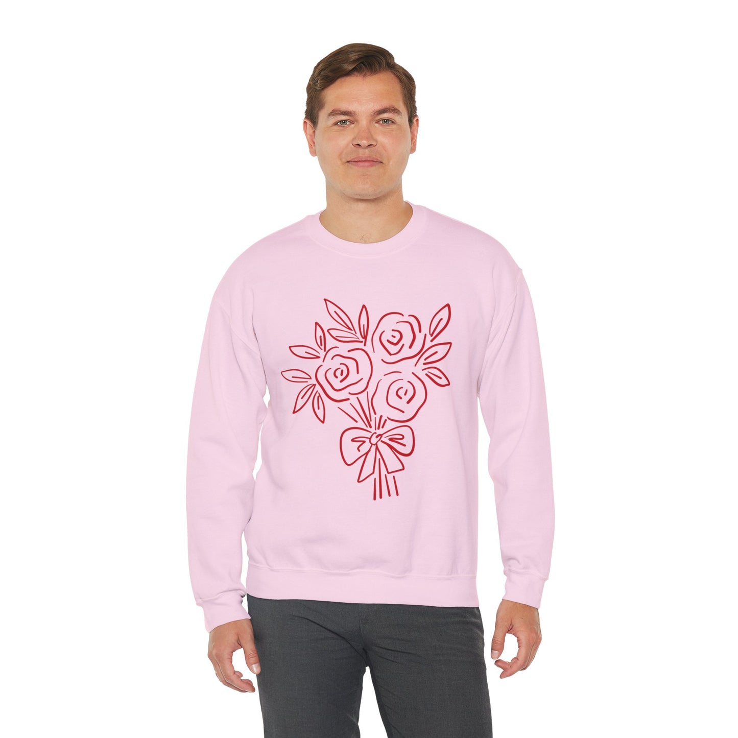Crewneck Sweatshirt • Pink Line Art Rose Bouquet Pullover