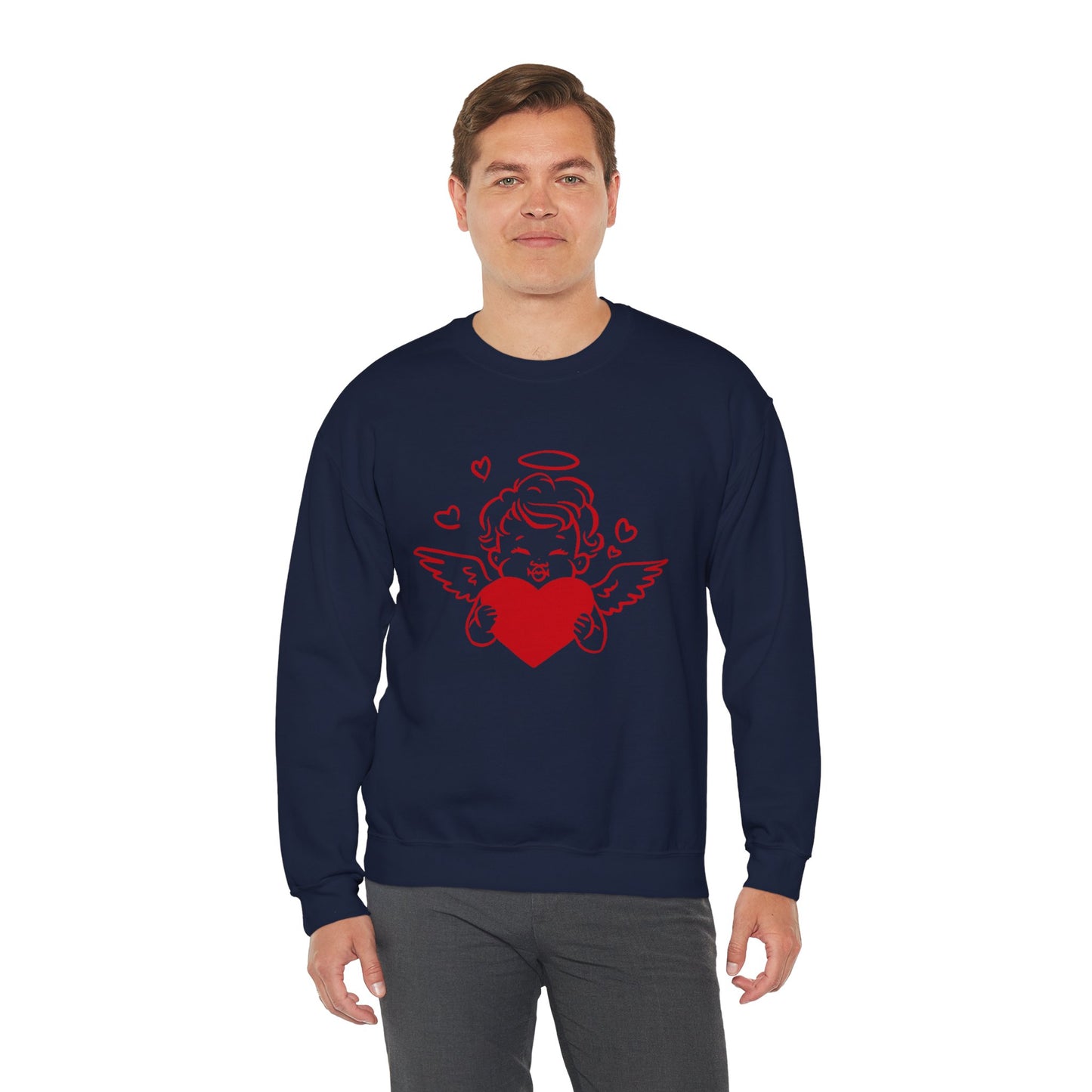 Cupid Cherub Heart Crewneck Sweatshirt — Cute Angel Holding Red Heart Valentine Pullover