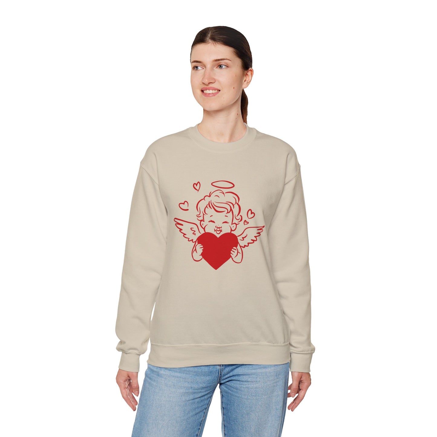 Cupid Cherub Heart Crewneck Sweatshirt — Cute Angel Holding Red Heart Valentine Pullover