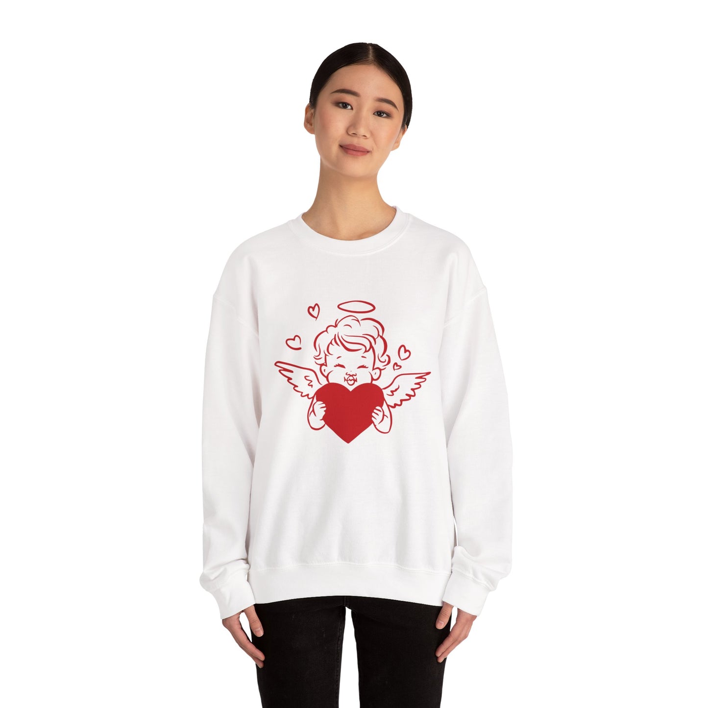 Cupid Cherub Heart Crewneck Sweatshirt — Cute Angel Holding Red Heart Valentine Pullover