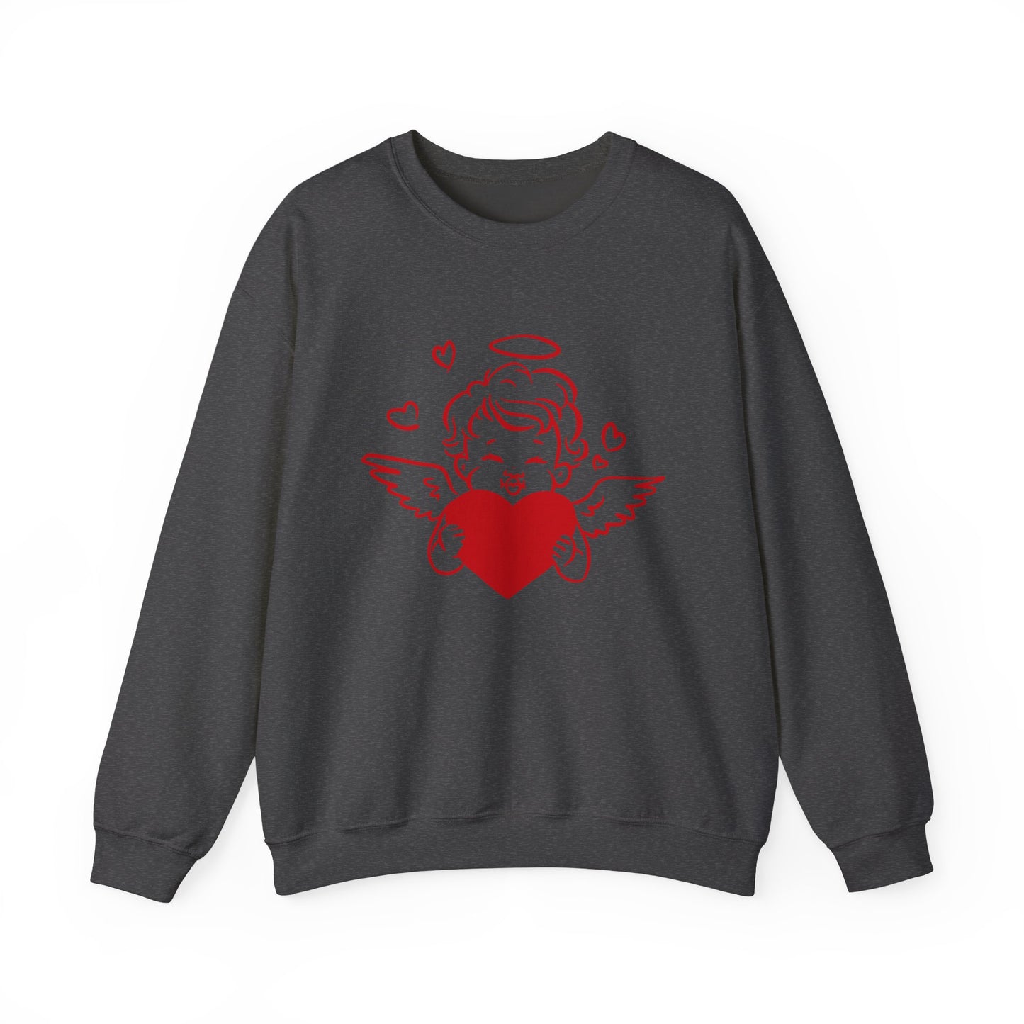 Cupid Cherub Heart Crewneck Sweatshirt — Cute Angel Holding Red Heart Valentine Pullover