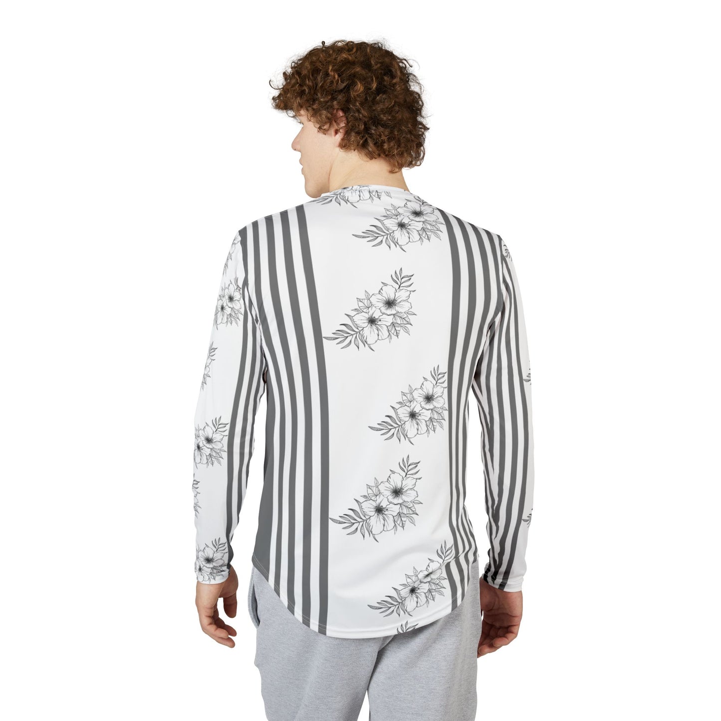 Men’s UV-Protection Long Sleeve Shirt — Monochrome Floral Stripe Performance Top