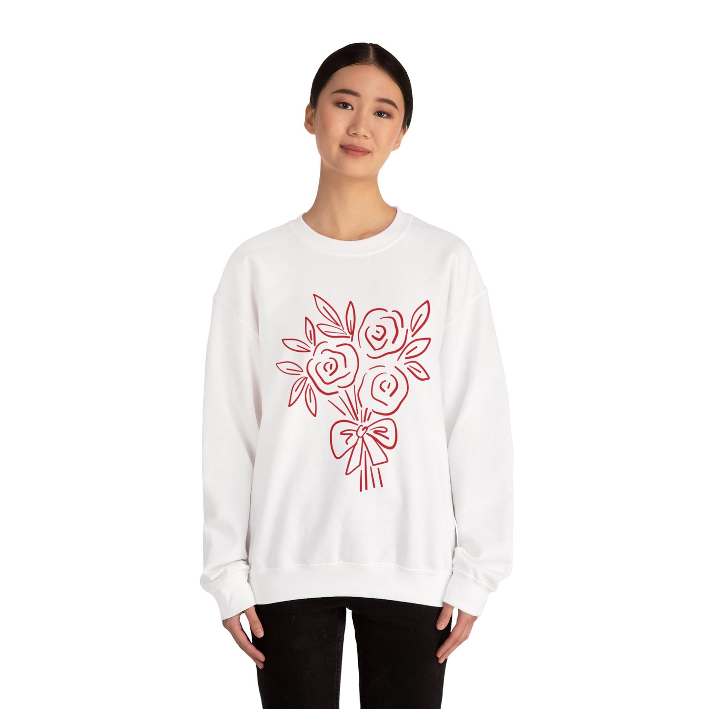 Crewneck Sweatshirt • Pink Line Art Rose Bouquet Pullover