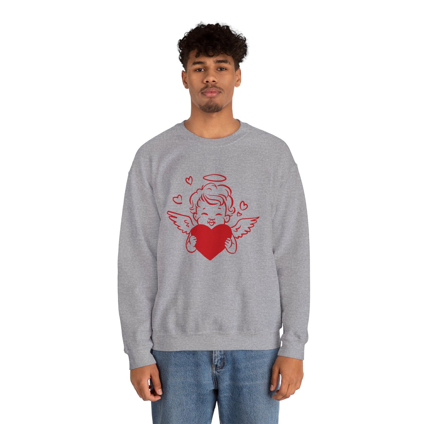 Cupid Cherub Heart Crewneck Sweatshirt — Cute Angel Holding Red Heart Valentine Pullover