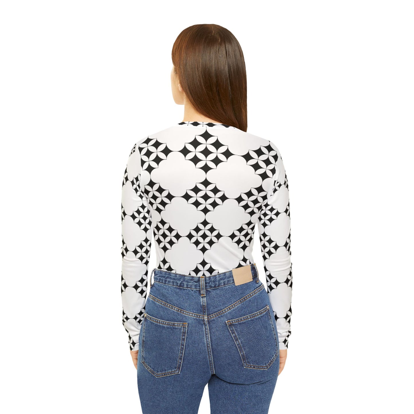 Women's V-Neck Long Sleeve Top — Black & White Geometric Tile Pattern