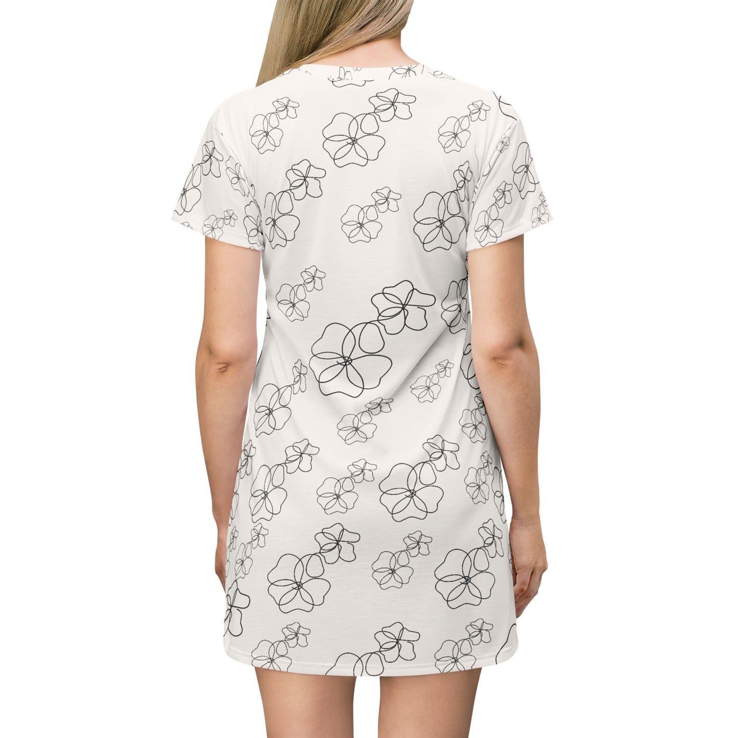 Floral Sketch T-Shirt Dress | Minimal Black Line Flower Print Dress