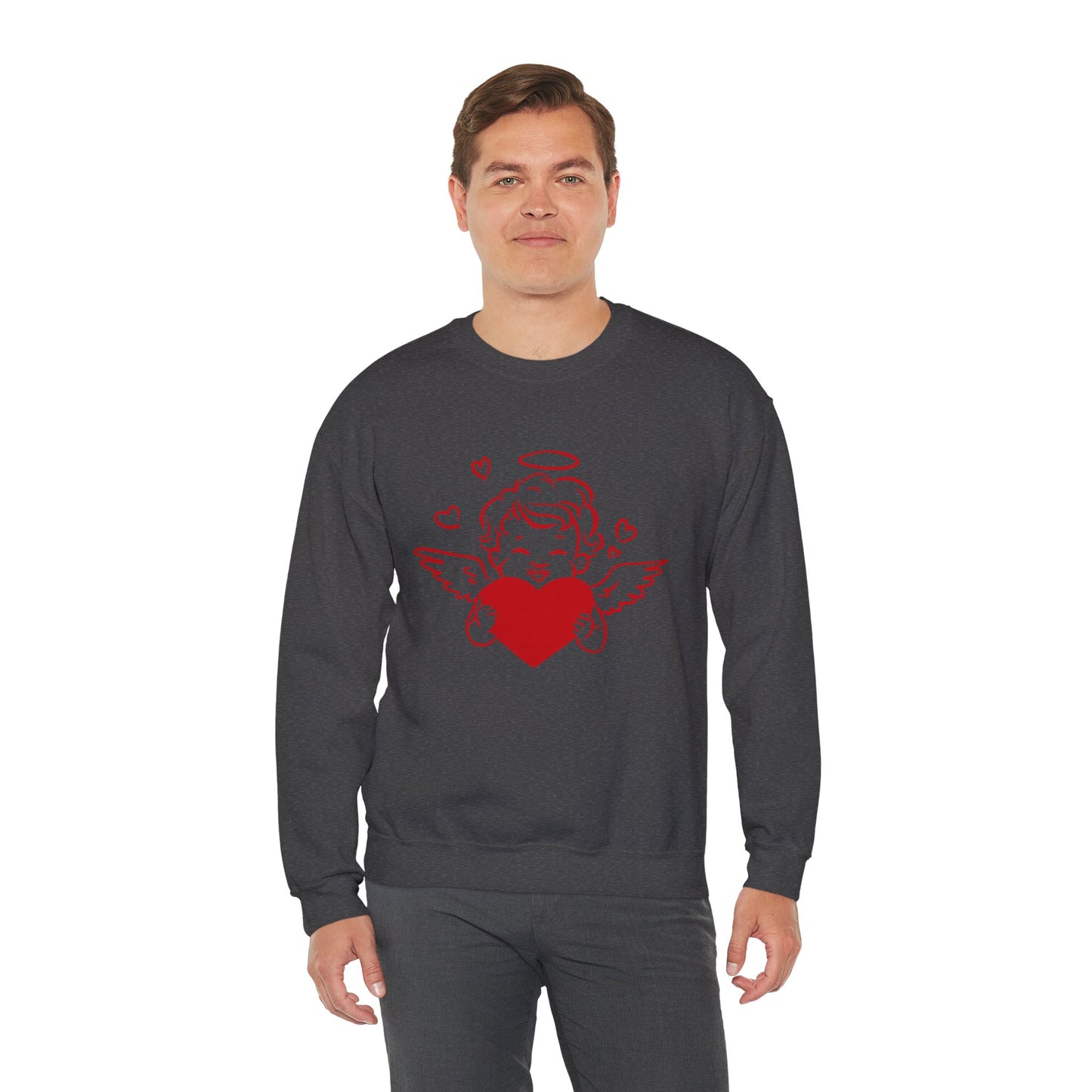 Cupid Cherub Heart Crewneck Sweatshirt — Cute Angel Holding Red Heart Valentine Pullover