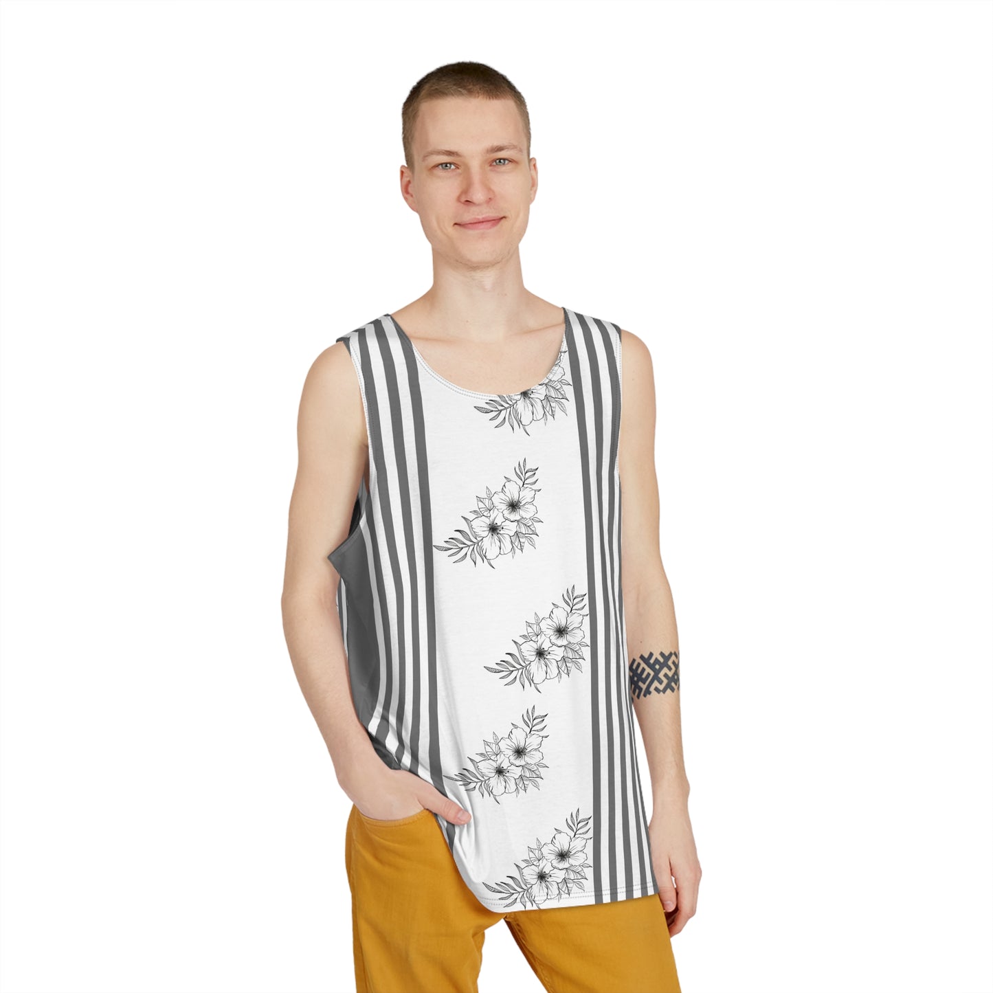 Floral Stripe Men’s Tank Top — Monochrome Sunflower Stripe AOP