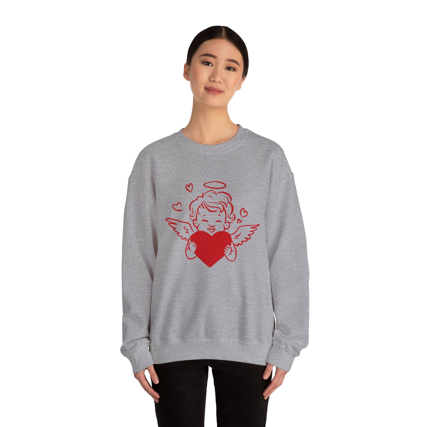 Cupid Cherub Heart Crewneck Sweatshirt — Cute Angel Holding Red Heart Valentine Pullover