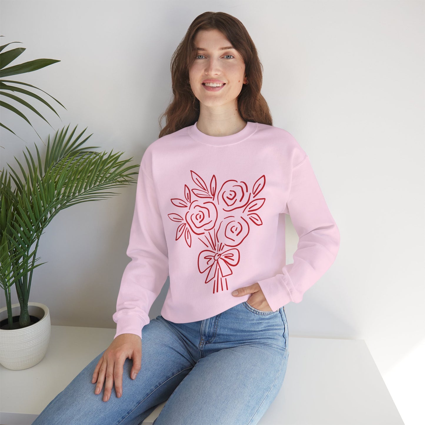 Crewneck Sweatshirt • Pink Line Art Rose Bouquet Pullover
