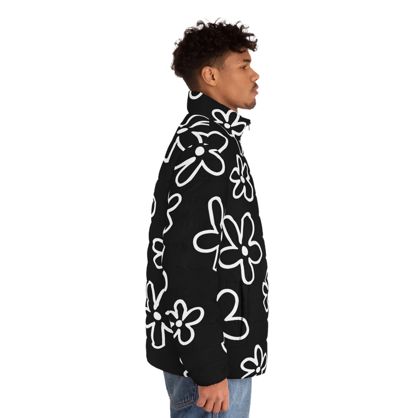 Doodle Floral Puffer Jacket — Black & White Retro Flower Coat