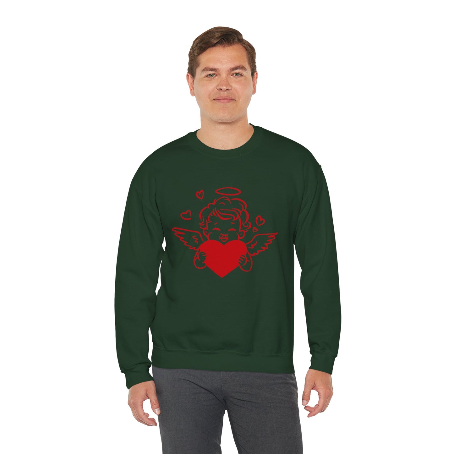 Cupid Cherub Heart Crewneck Sweatshirt — Cute Angel Holding Red Heart Valentine Pullover