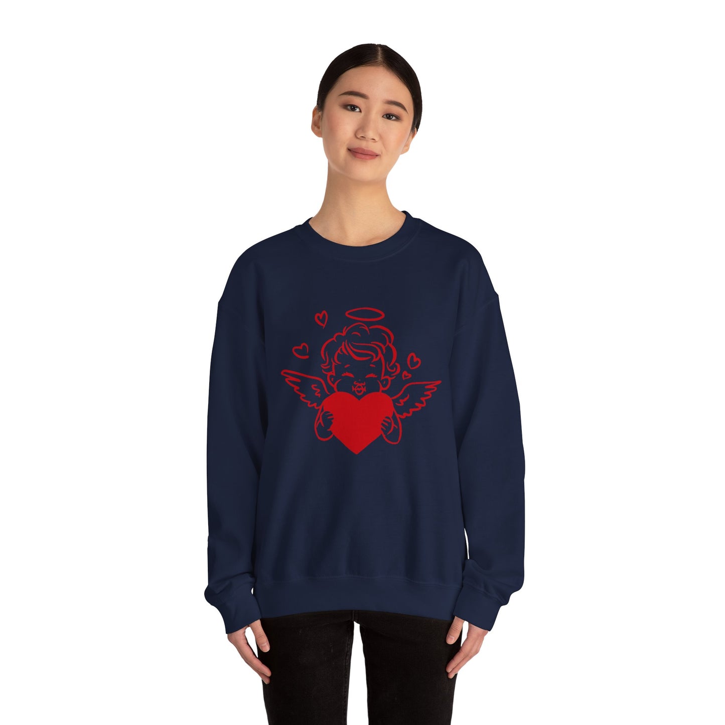Cupid Cherub Heart Crewneck Sweatshirt — Cute Angel Holding Red Heart Valentine Pullover