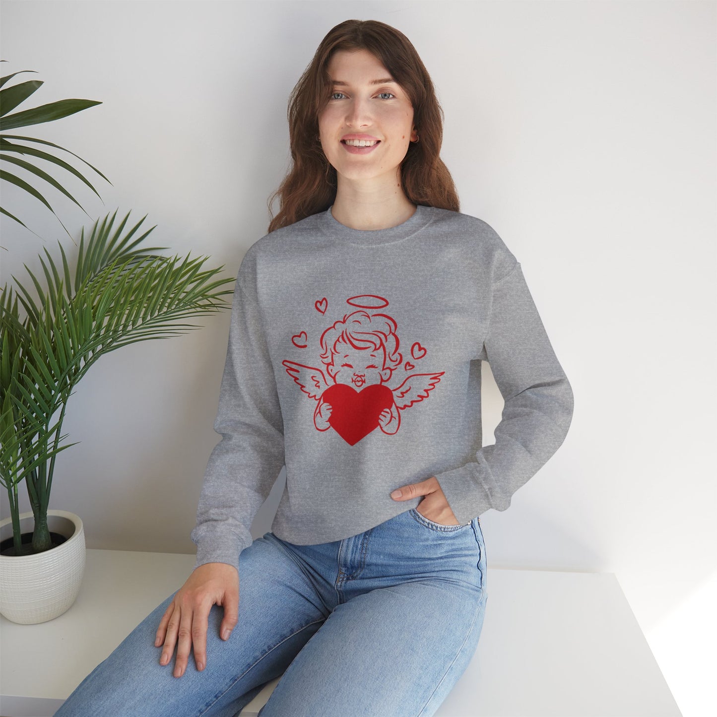 Cupid Cherub Heart Crewneck Sweatshirt — Cute Angel Holding Red Heart Valentine Pullover