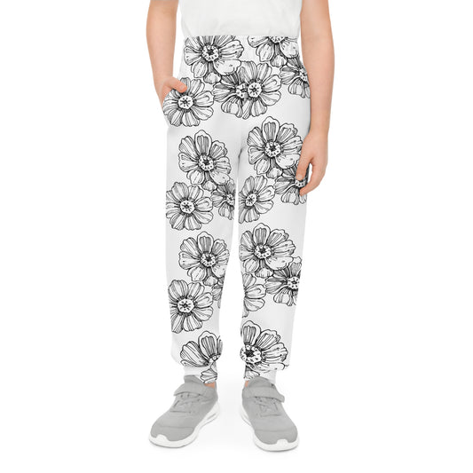 Youth Floral Joggers – Black & White Sketch Flower Minimalist Kids Pants