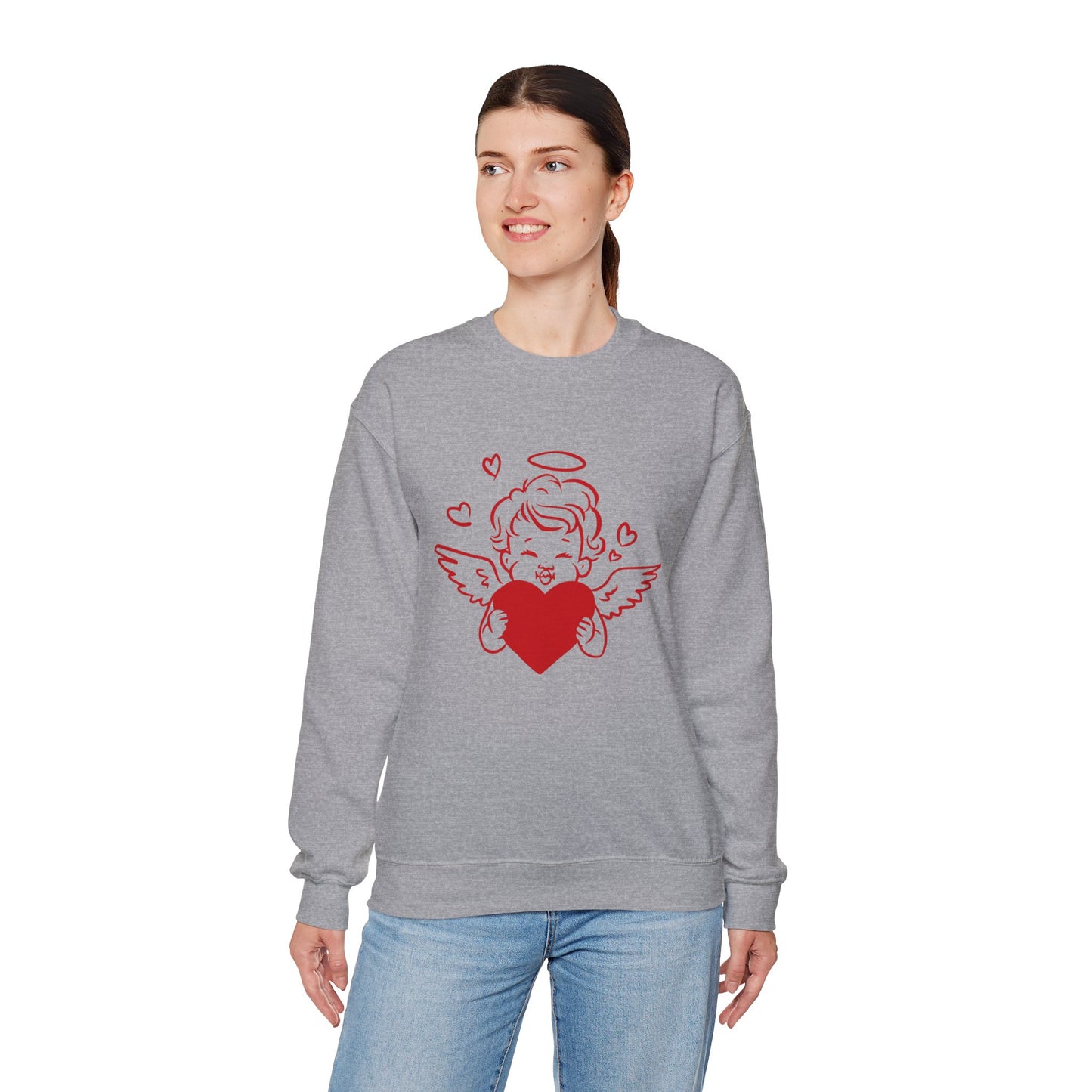 Cupid Cherub Heart Crewneck Sweatshirt — Cute Angel Holding Red Heart Valentine Pullover